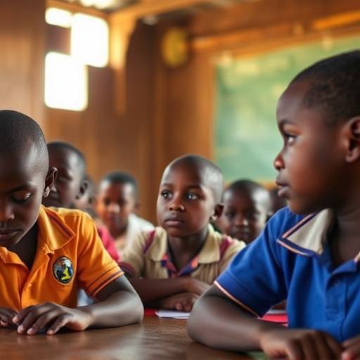 A group of Ugandan children attentively learning in a classroom setting