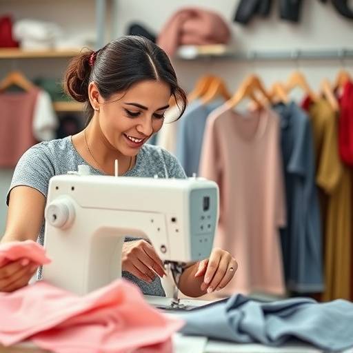 A woman sewing clothes with a sewing machine in a tailoring workshop