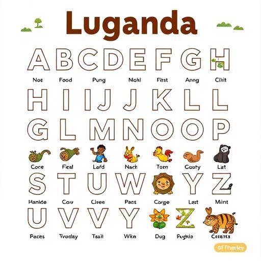 Illustrated chart of the alphabet with examples of Luganda words
