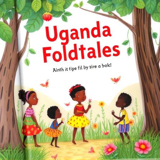 Image of children's book with colorful illustrations about Ugandan folktales
