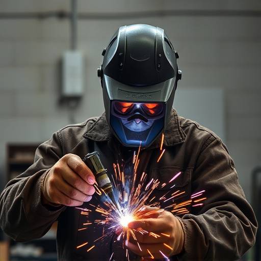 Man welding metal parts with safety gear on