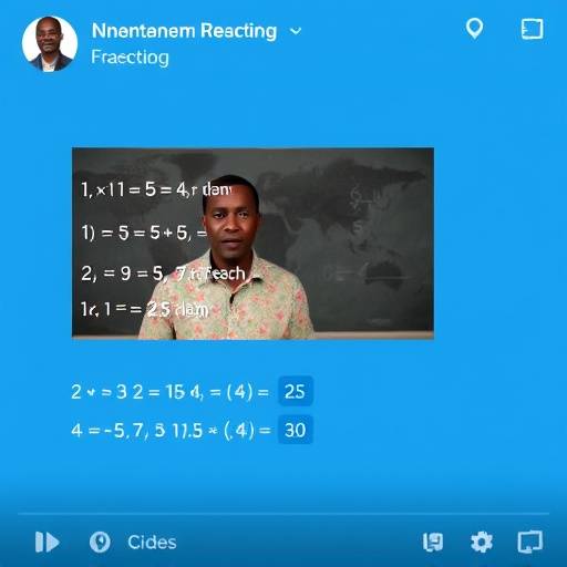 Screenshot of a math lesson video with a Ugandan teacher explaining fractions