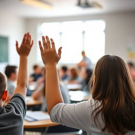 Students in a classroom setting, one raising their hand