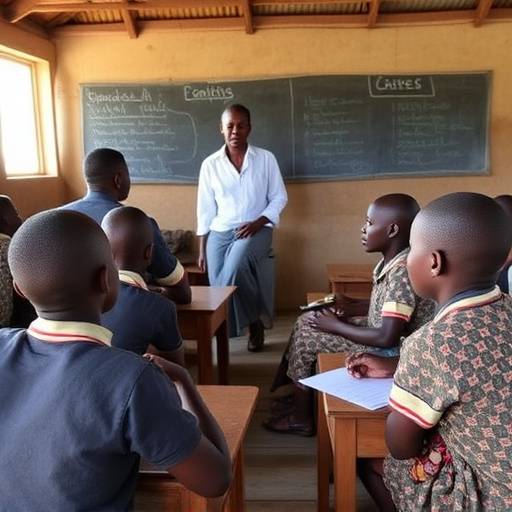 Video thumbnail showing a classroom setting with students and a teacher in Uganda