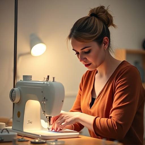 Woman expertly sewing fabric on a sewing machine